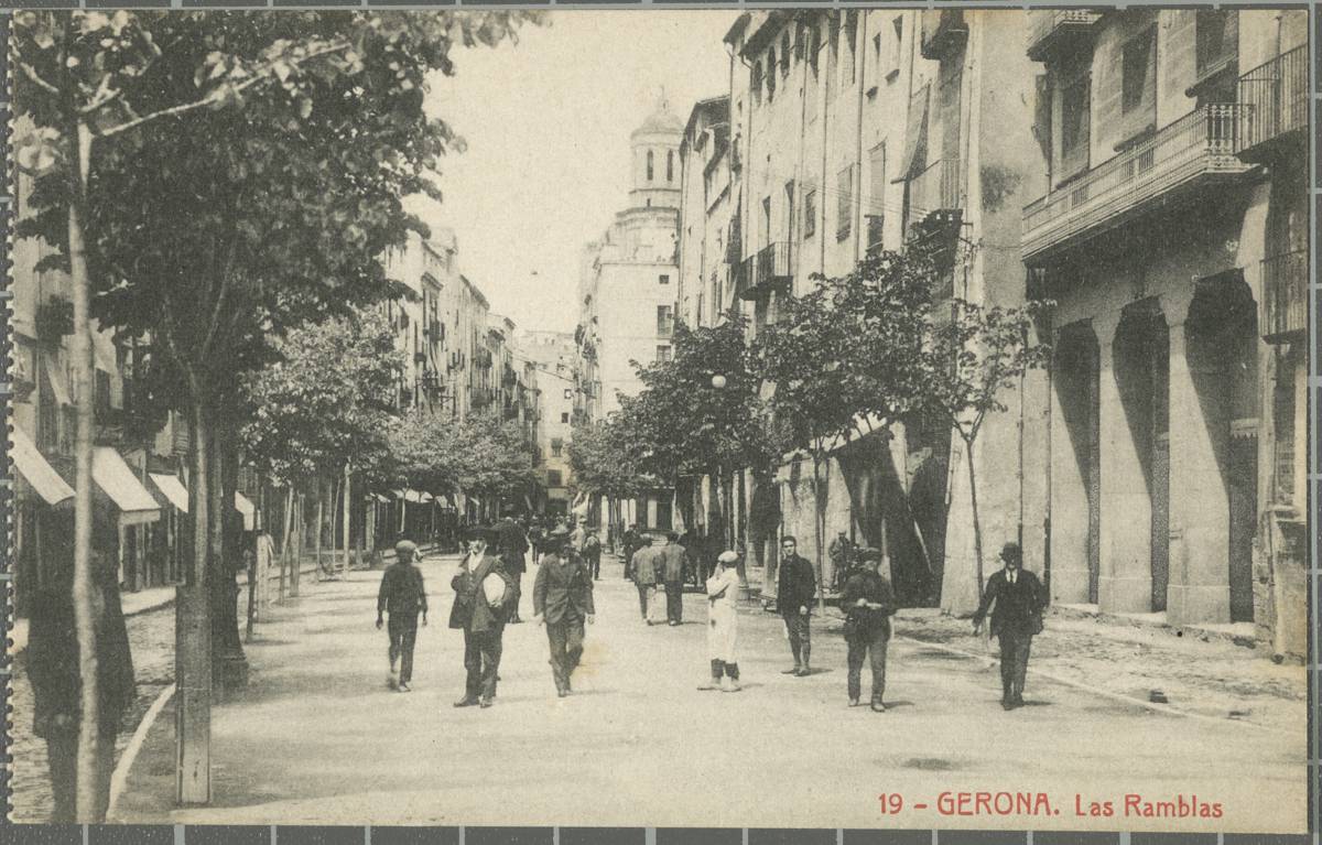 19 -Gerona. Las Ramblas - View of the Rambla de la Libertad and Argenteria Street. In the background, the Cathedral of Girona.