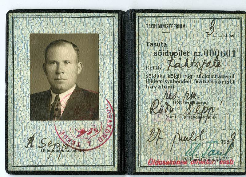 Vabadussõjast osavõtnud Riidu Sepp'a ( VR II/3.) tasuta sõidupilet Teedeministeeriumilt.