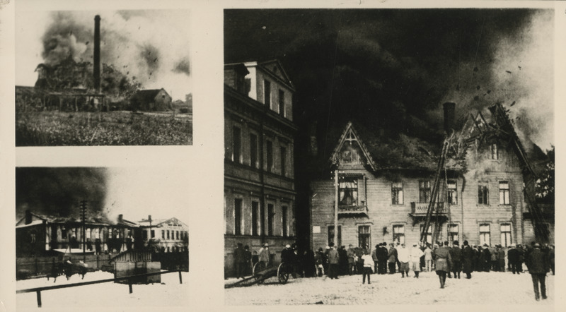 Tuletõrjujad kahjutuld kustutamas. Koopia kolmest fotost