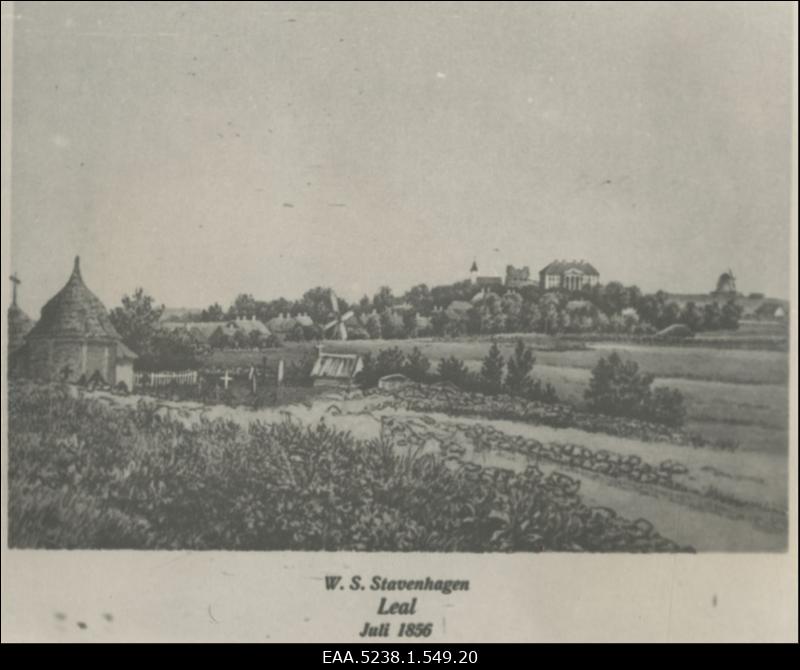 Vaade Lihula linnusele ja mõisale, repro Wilhelm Siegfried Stavenhageni joonistusest (1856)