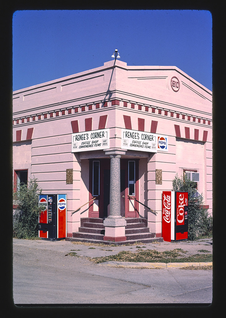 Renee's Corner Cafe (bank), corner detail, Route 52 and Main Street, Sawyer, North Dakota (LOC)