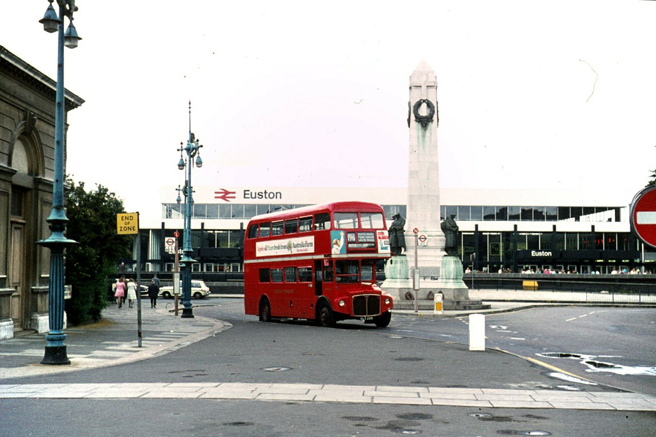 Bus and London and North Western Railway War Memorial at Euston station (Geograph-6678664-by-Alan-Murray-Rust) - Bus and London and North Western Railway War Memorial at Euston station, London, UK, in 1971.  London Transport Routemaster RM285 at Euston Square – 1971