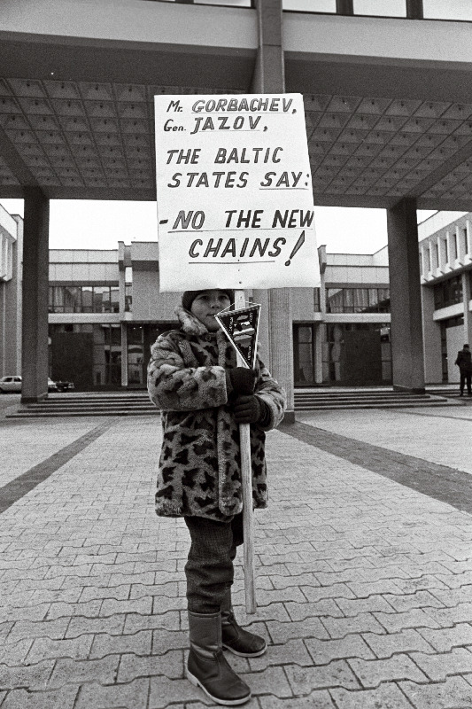 Laps protestiloosungiga Leedu parlamendi hoone ees.