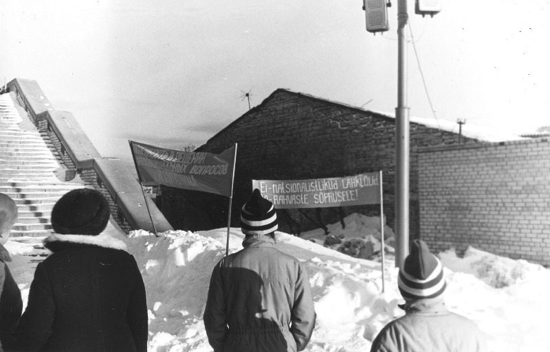Interliikumisest osavõtjate pikett loosungiga "Ei - natsionalistlikud lahklülid, ja -rahvaste sõprusele!" linnahalli juures.