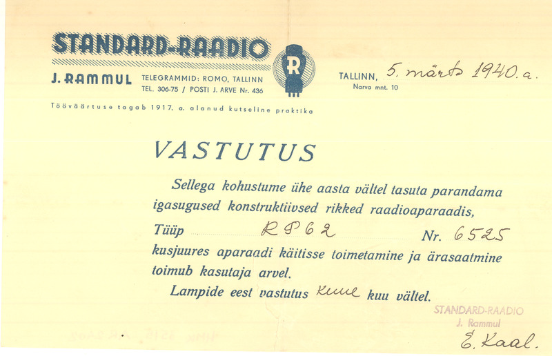 Garantiikiri. Standard-Raadio vastutus