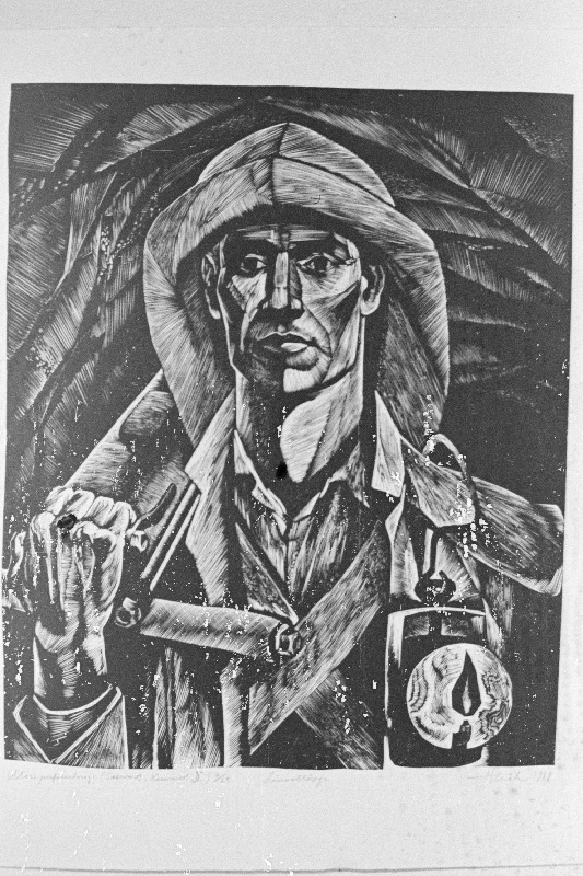 H. Harraku " Mees perforaatoriga"  sarjast „Kaevurid II“. Linoollõige. 1968.