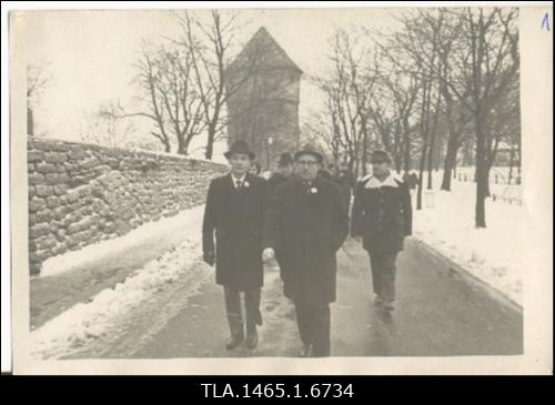 Kotka linnapea Tauno Pulkki esimene visiit Tallinna. Delegatsioon Tauno Pulkki ja Ivar Kallioniga eesotsas Komandandi teel.