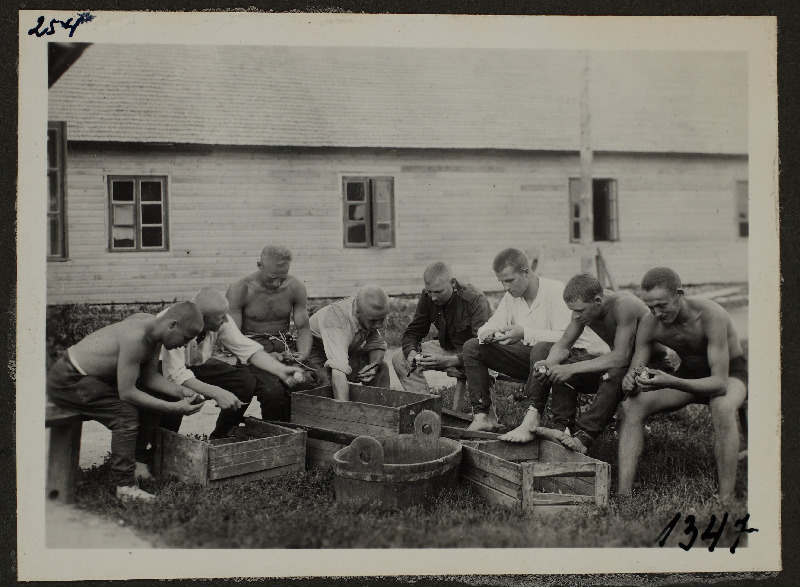 Grupp mehi õues kartuleid koorimas [lennuväe köögitoimkonnast?]; foto 1. Lennuväedivisjoni fotopositiivide kogust