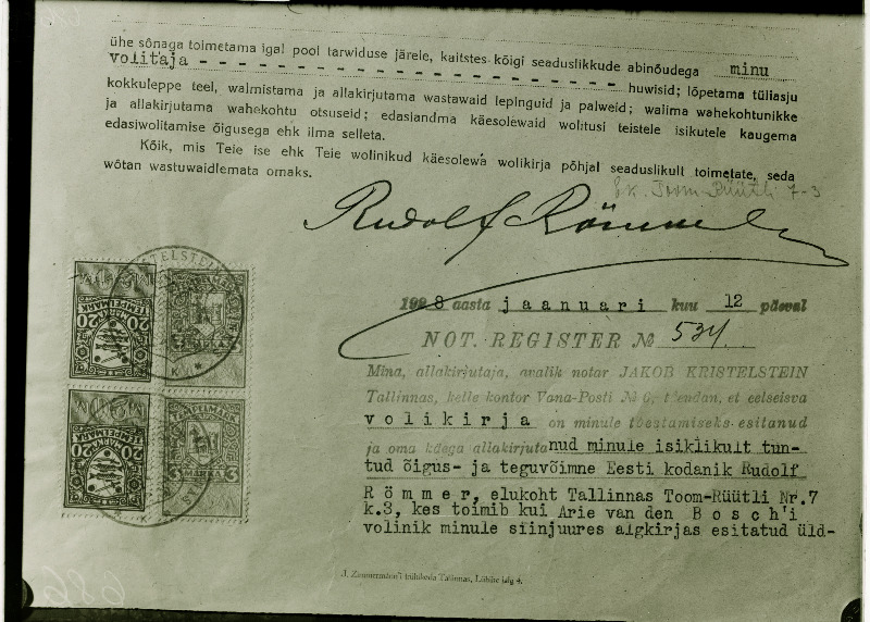 Margistatud ja allkirjastatud osa Rudolf Römmeri volikirjast.