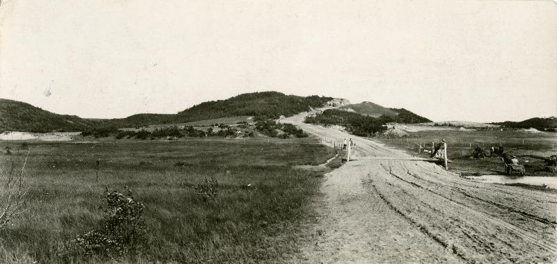Vaade loodest Veski ja Sohha küla vahelisele teele Kolomna ürgorus, vasakul niiske lammimadalik.