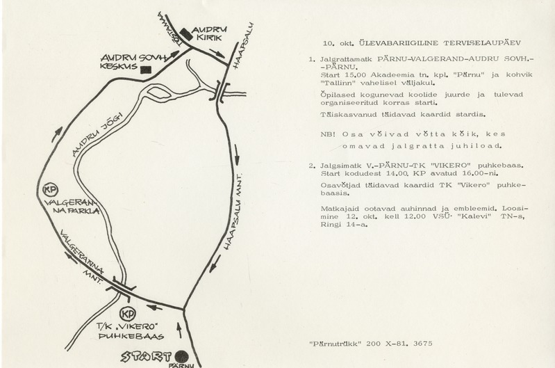 Jalgrattamatka raja kaart, osavõtja tunniskiri. Pärnu. 1981 - 89