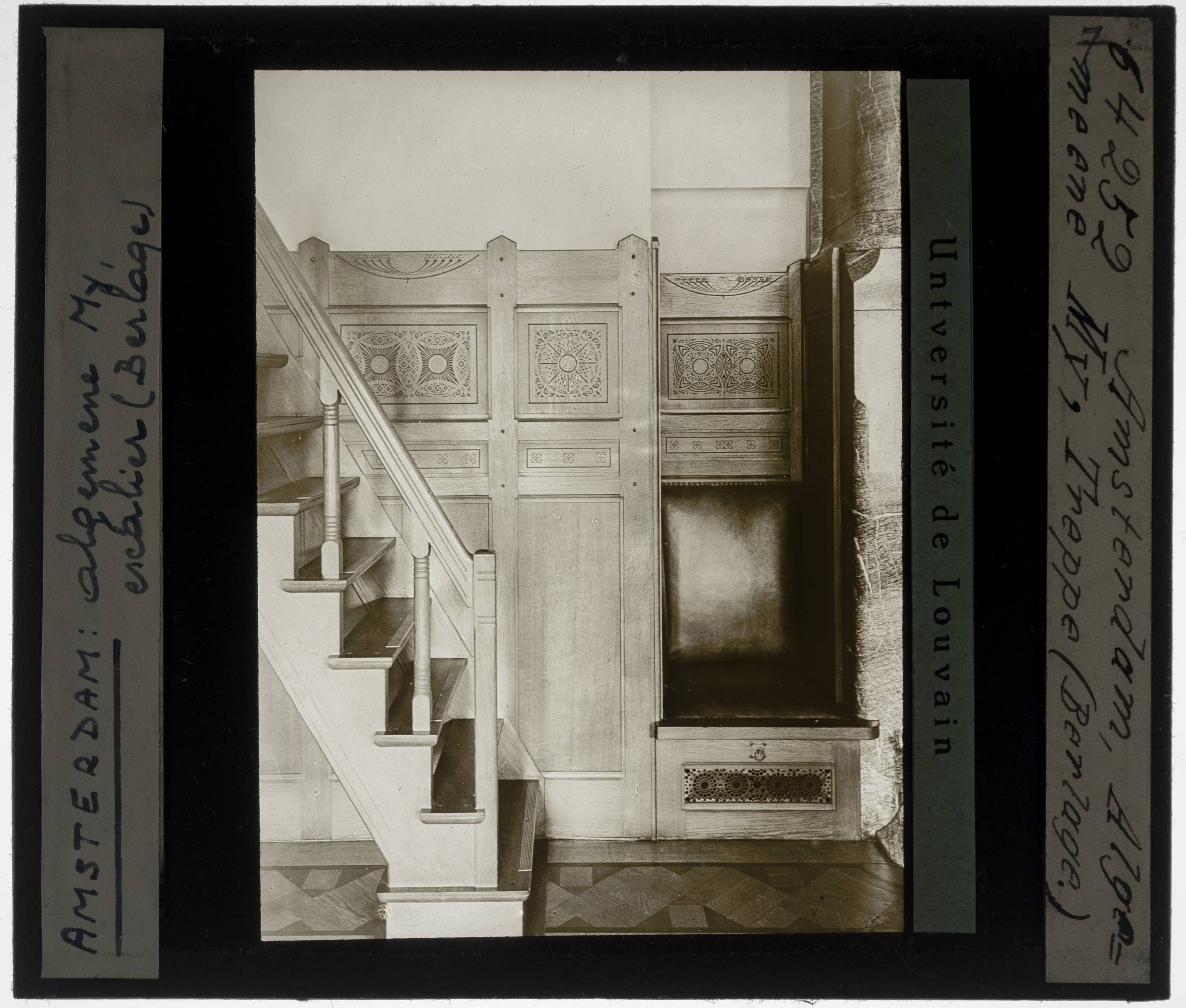 Amsterdam. Algemeene Maatschappij van Levensverzekering en Lijfrente Interior: Staircase - KU Leuven. Glass slides art history. Université de Louvain, between 1839 and 1939. Photographer unknown. Added information on slide. Movement/Style: Rationalism, Jugendstil. Original location:The Netherlands, Amsterdam, Damrak, Algemeene Maatschappij van Levensverzekering en Lijfrente. Creation/Building: 19th century. EuroPhot. Art History. 19th century. Architecture. Building. EuroPhot. Art history. 19th century. Architecture. Building. EuroPhot. Art History. 19th century. Architecture. Architectural element. EuroPhot. Art history. 19th century. Architecture. Architectural element.