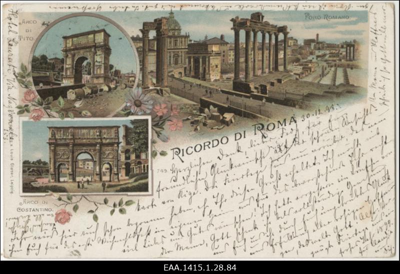 Fotomontaaž erinevatest objektidest (Ricordo di Roma, Arco di Tito, Arco di Constantino) Rooma foorumil. Fotopostkaart