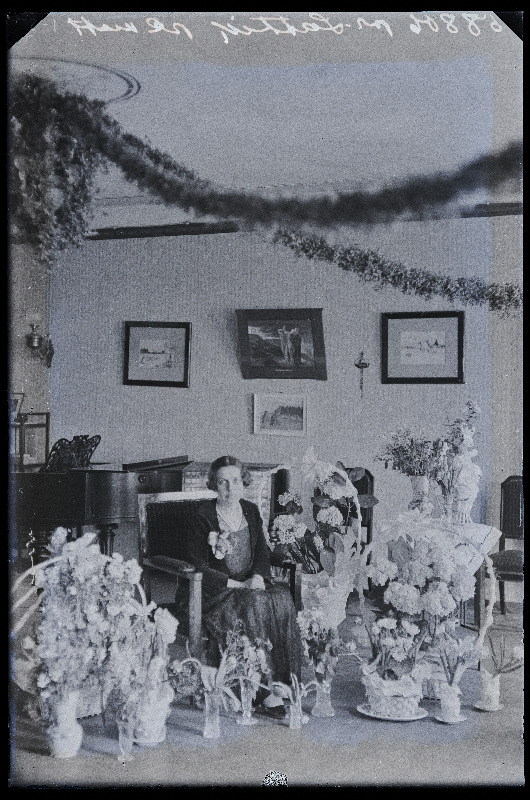 Jaan Lattiku abikaasa Agnes Lattik elutoas lillekorvide keskel.