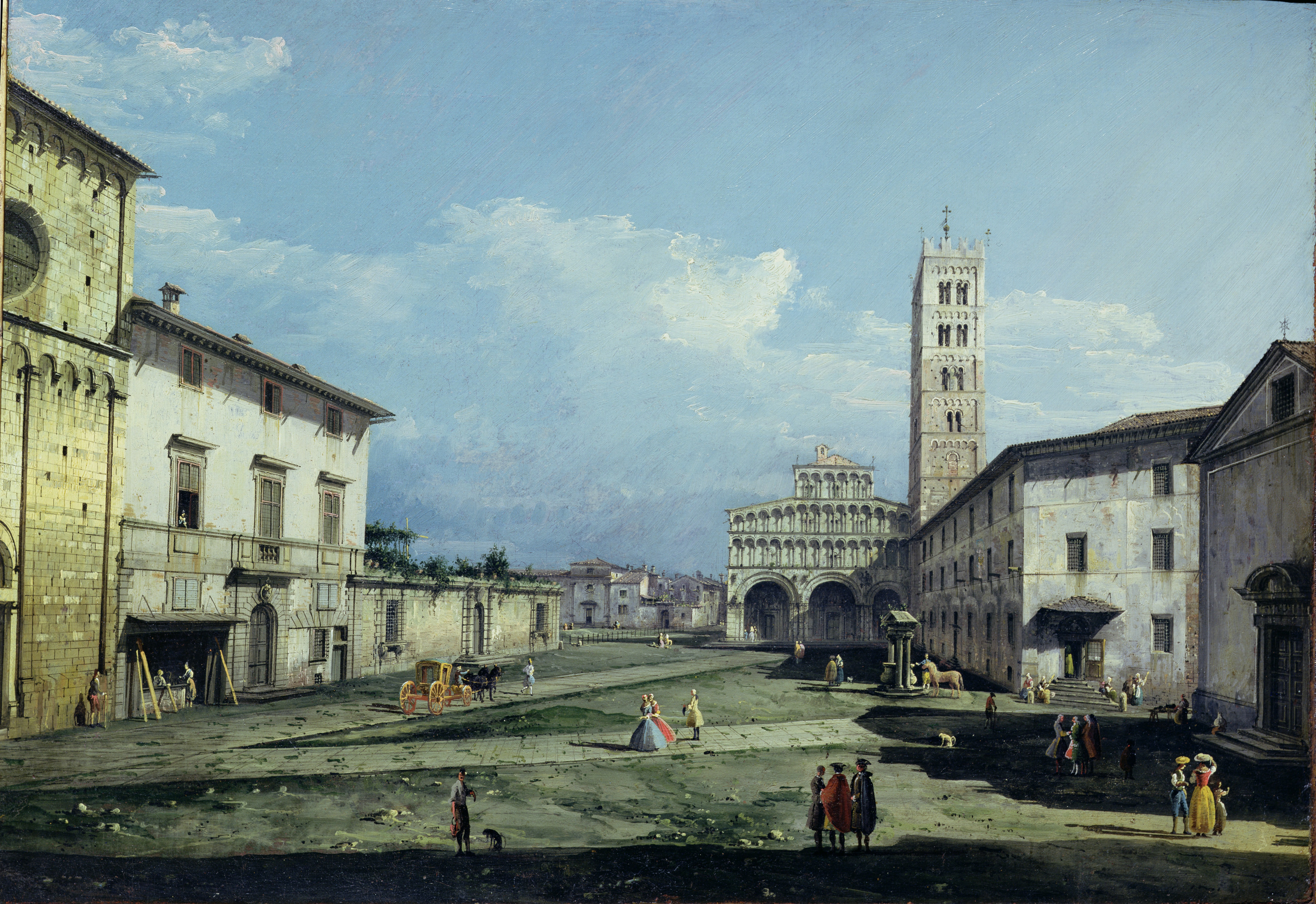 The Piazza San Martino, Lucca - On the left, the Church of San Giovanni and the Palazzo Micheletti (designed by Bartolomeo Ammanati) with its terraced gardens; the Duomo and Campanile, centre right.