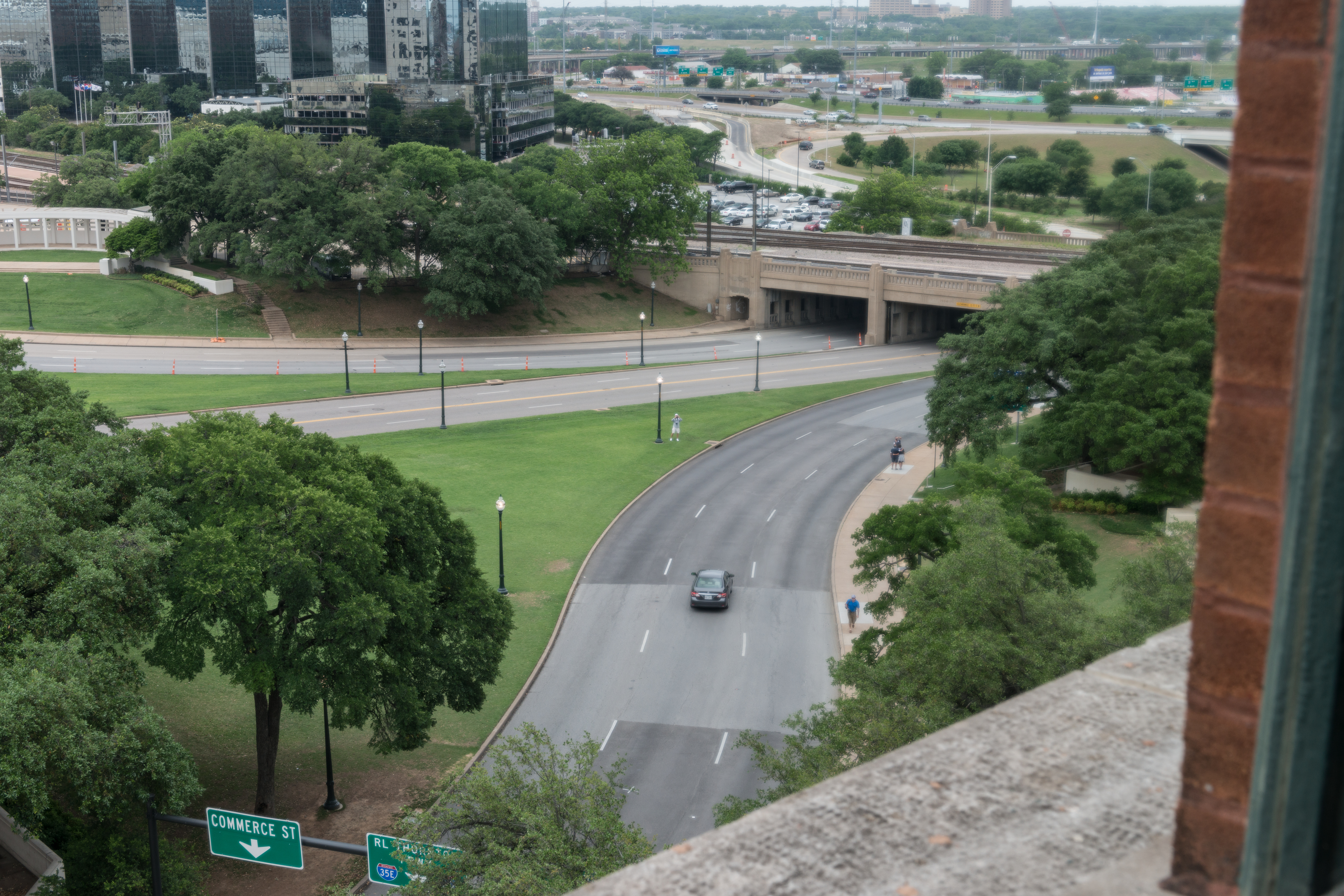 View, in 2014, of Dealey Plaza from a seventh-floor window of the Texas School Book Depository in Dallas, Texas