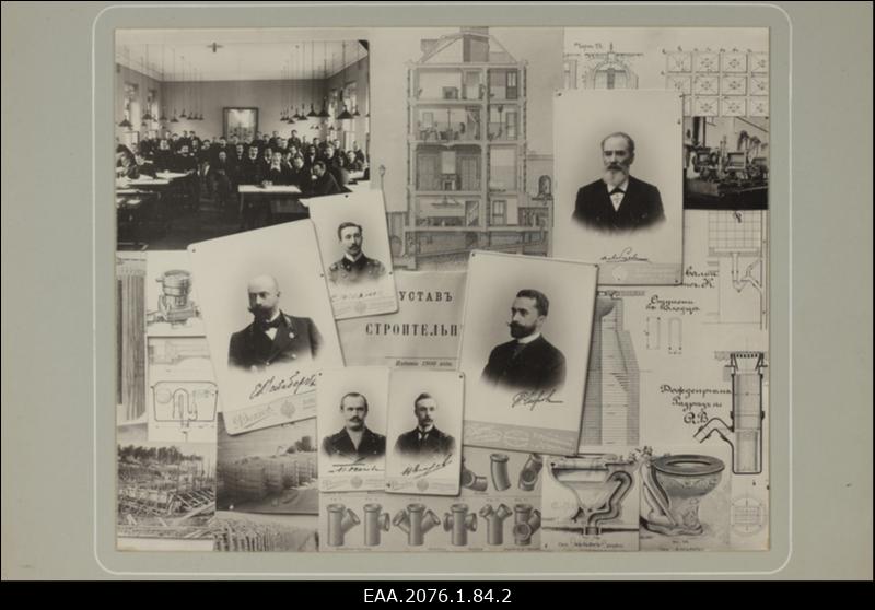 Nikolai I nimelise tsiviilinseneride instituudiga seotud isikute portree- ja grupifotod ning joonised. Fotomontaaž