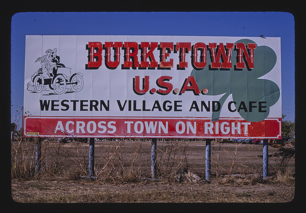 Billboard: "Burketown U.S.A., Western Village and Cafe," Route 54, Greensburg, Kansas (LOC)