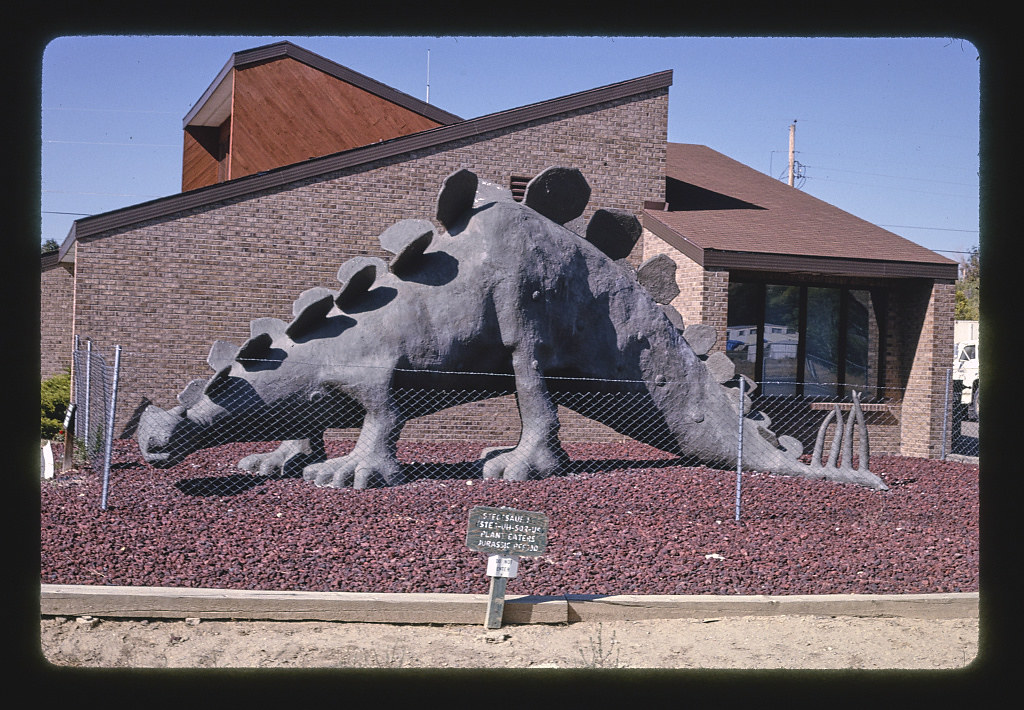 Stegosaurus statue at town hall, Route 64, Dinosaur, Colorado (LOC)