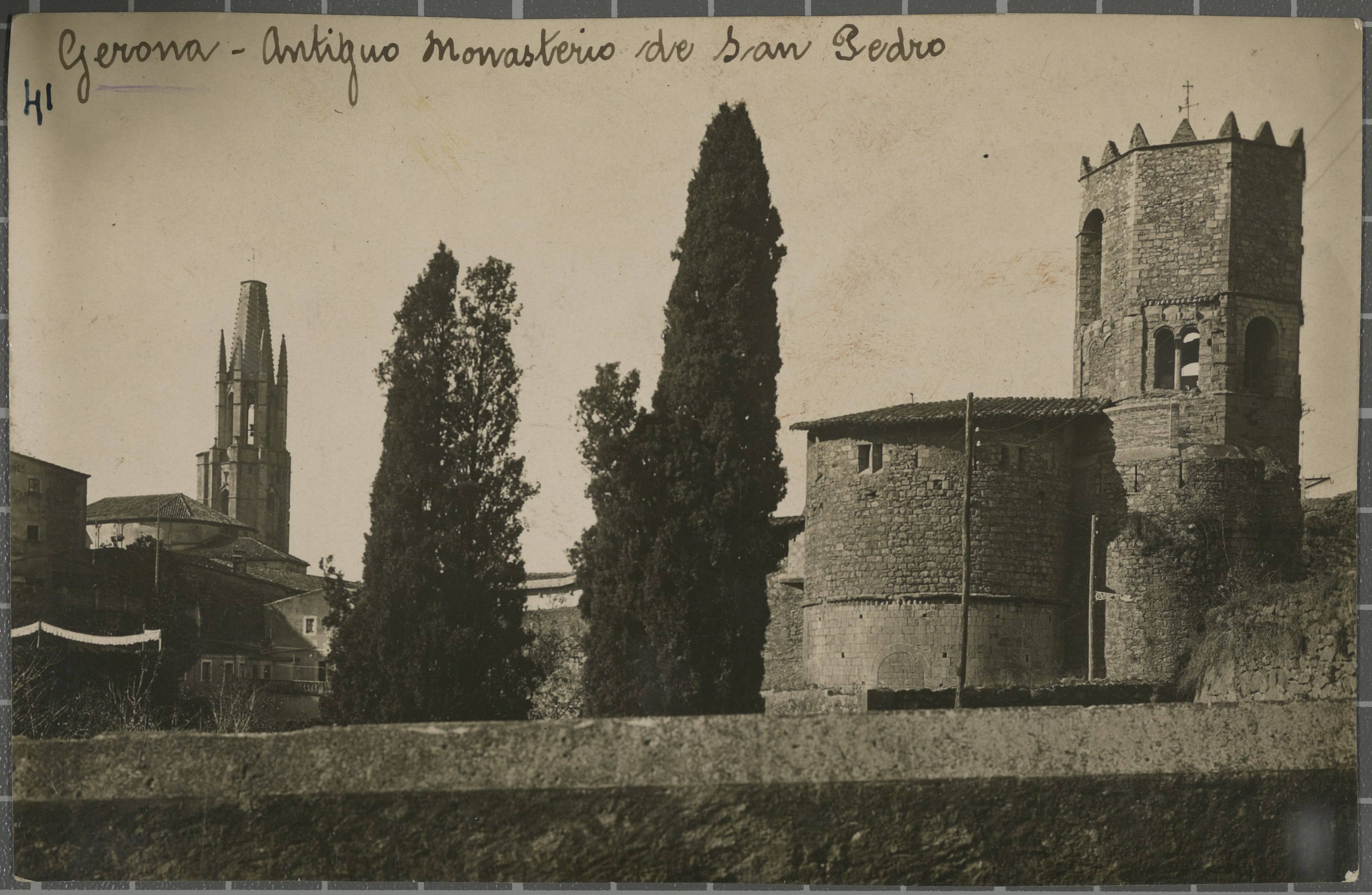 41. Gerona.- Antiguo Monasterio de San Pedro - Monastery of Sant Pere de Galligants. In the background stands the bell tower of the church of Sant Feliu.