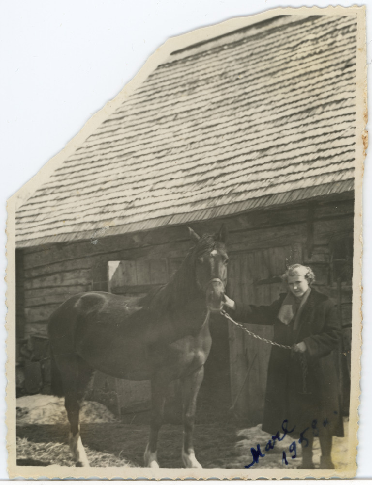 Mare hobusega talli ees