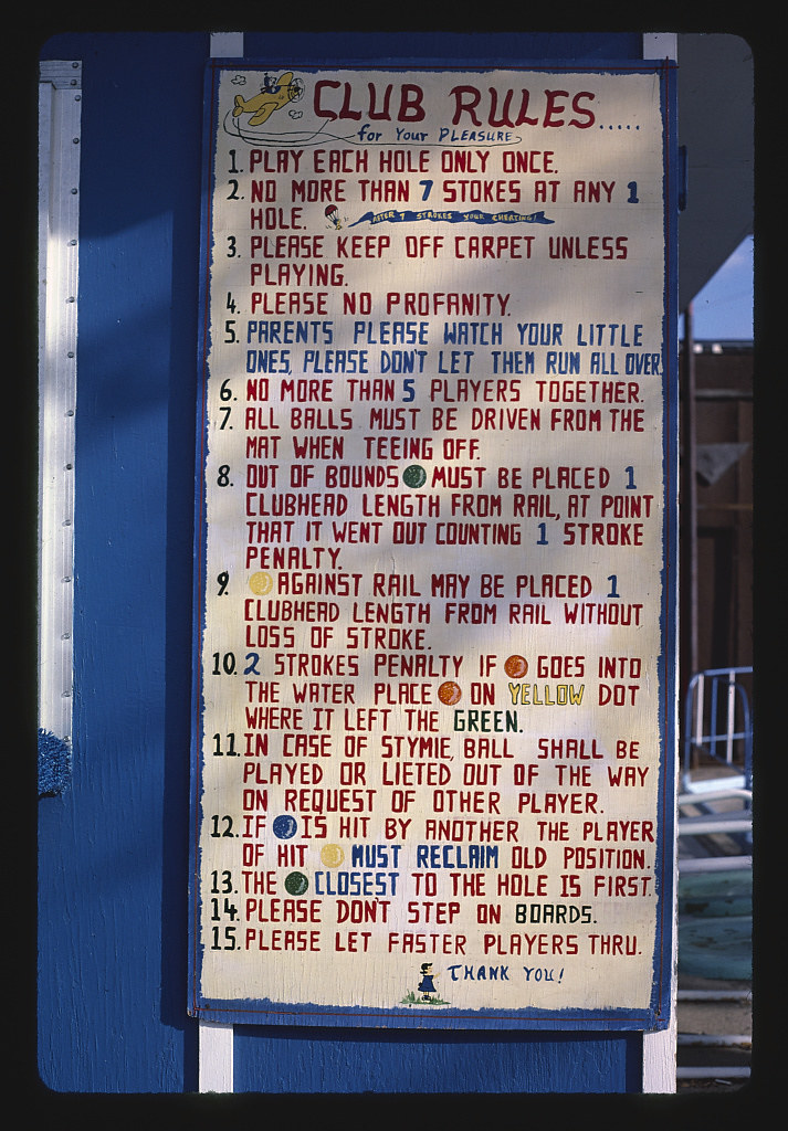 Rules, mini golf a Lucy's Amusement Park, Minot, North Dakota (LOC)