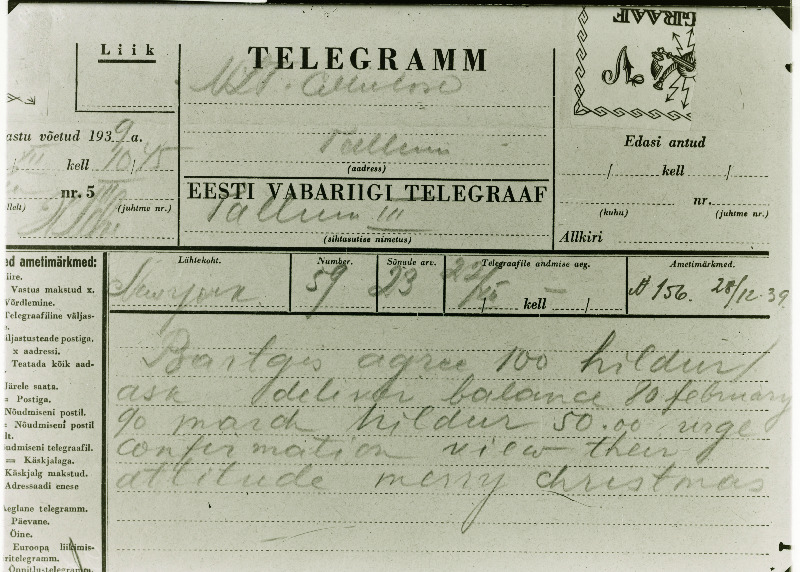 Telegramm Tallinna Tselluloosivabrikule New York´ist.