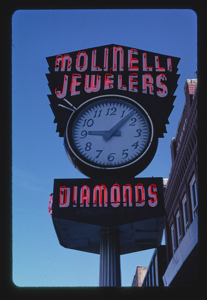 Molinelli Jewelers street clock, neon, Main Street, Pocatello, Idaho (LOC)