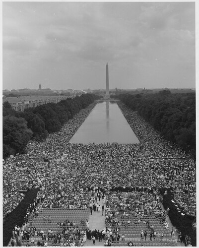 Civil Rights March on Washington, D.C. [Aerial view of the crowd assembling with a good view of the Reflecting Pool and the Washington Monument.]