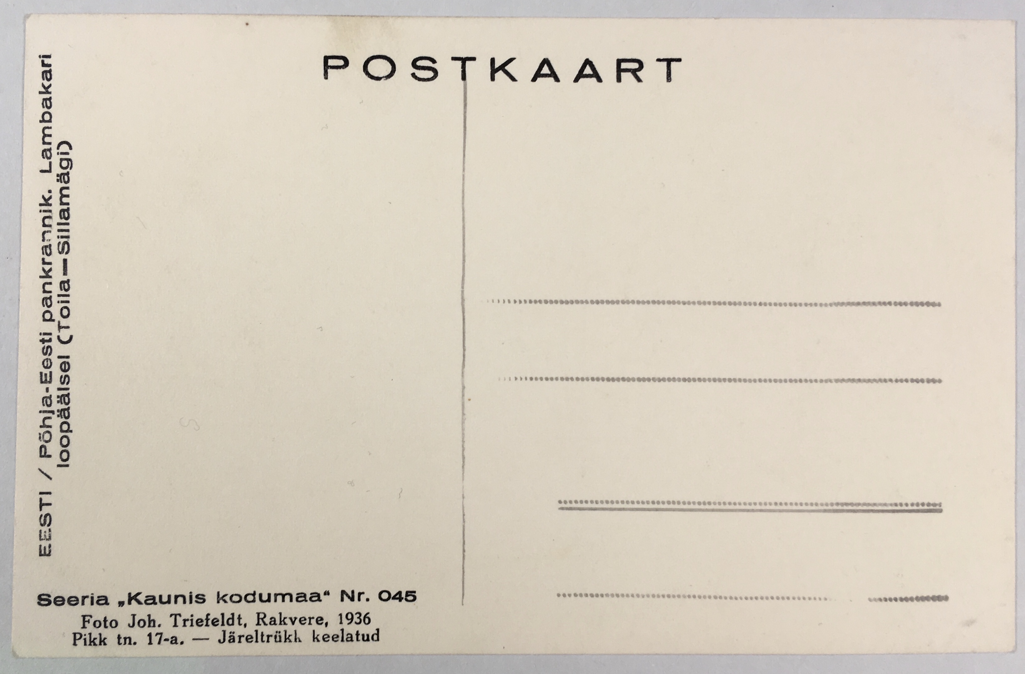 Fotopostkaart sarjast "Kaunis kodumaa" Nr. 045 (tagakülg) - Foto: Carl Sarap (1893-1942)