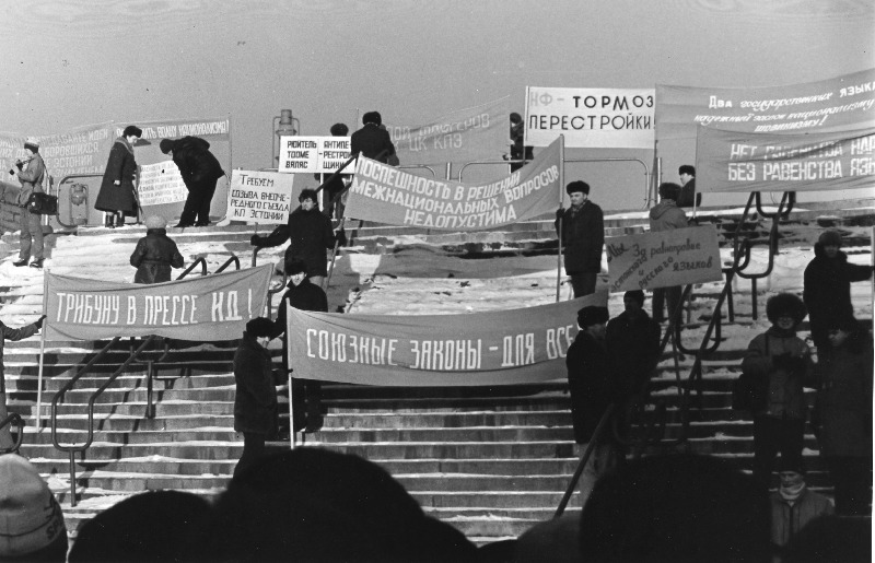 Interliikumisest osavõtjate pikett loosungiga "Üleliidulised seadused on kõigi jaoks" linnahalli juures.