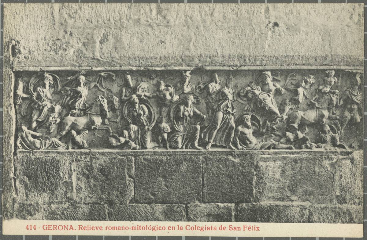 414-Gerona. Relieve romano-mitológico at the Colegiata de San Felix - Relief of a Roman sarcophagus imbedded in the presbytery of the church of Sant Feliu depicting the rapture of Proserpina.