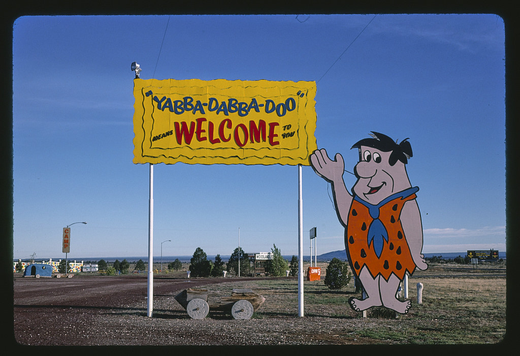 Welcome sign, Flintstone's Bedrock City, Rts. 64 and 180, Valle, Arizona (LOC)