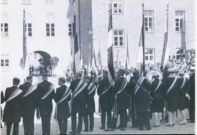 Rootsi kuninga Gustav V tervitama tulnud üliõpilasorganisatsioonide esindajad.