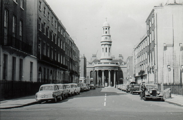 St. Mary's Church, Wyndham Place, W1 - c.1960 - geograph.org.uk - 325347 - View north along Wyndham Street, London W1, to the tower and south portico of St Mary's parish church, in about 1960