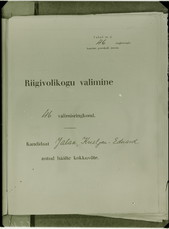 Riigivolikogu valimistel 46. valimisringkonna kandidaadi K. Jalaka poolt antud häälte kokkuvõtte tiitelleht.