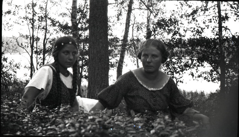 Metsas kõrges rohus istumas kaks naist. Vasakpoolsel pikad patsid, parempoolsel lühikesed juuksed ja kirju kleit.