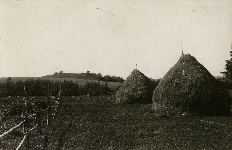 Prigi kalmemägi Tohvri talu juures. Ees talu heinakuhjad.