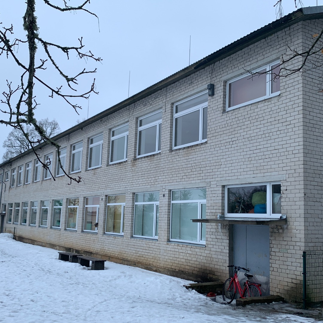 View of the school building in Kodila sovhoos in Rapla district. rephoto