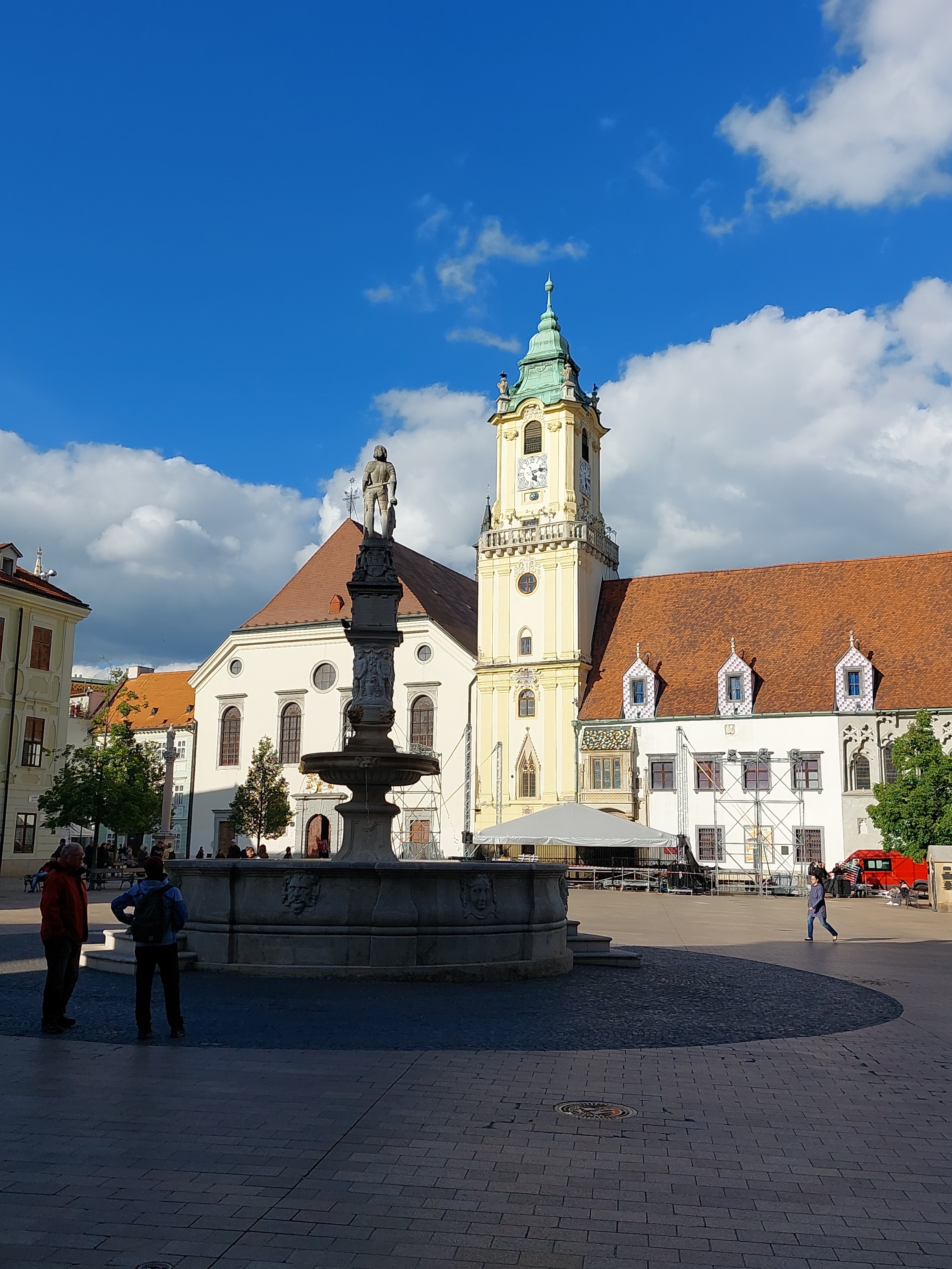 Bratislava, Old Town Hall, Bratislava, Maximilianbrunnen, Bratislava, Jesuit Church - Caption: BRATISLAVA: Place d. 4 April/Rolandsbrunnen 1572, Savior Church 1636/Oct. 66 rephoto