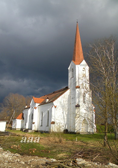 Mustvee kirik, vaade loodest. Arhitekt J. Maas rephoto