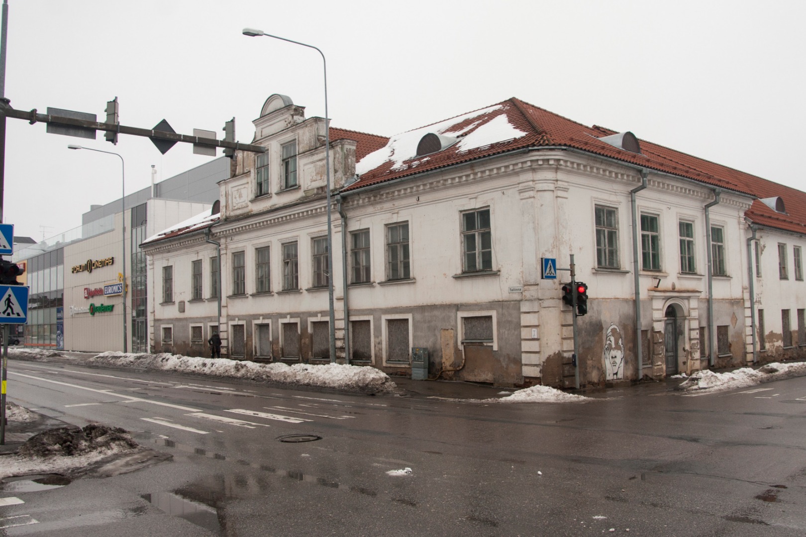 trükipostkaart, Viljandi, Tallinna tn, Uue tn ja Jakobsoni tn vahel, aadlipreilide pansionaat Stift, talv, u 1905 rephoto