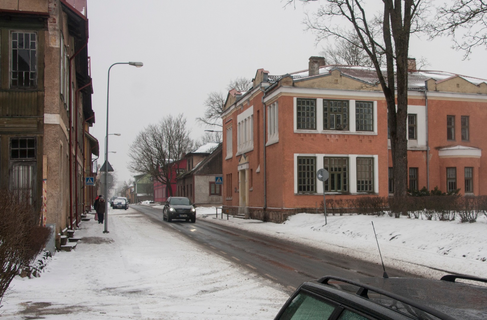 fotopostkaart, Viljandi, Jakobsoni tn- Eha tn ristmik, saksa gümnaasium, talv, 1915, foto J. Riet? rephoto