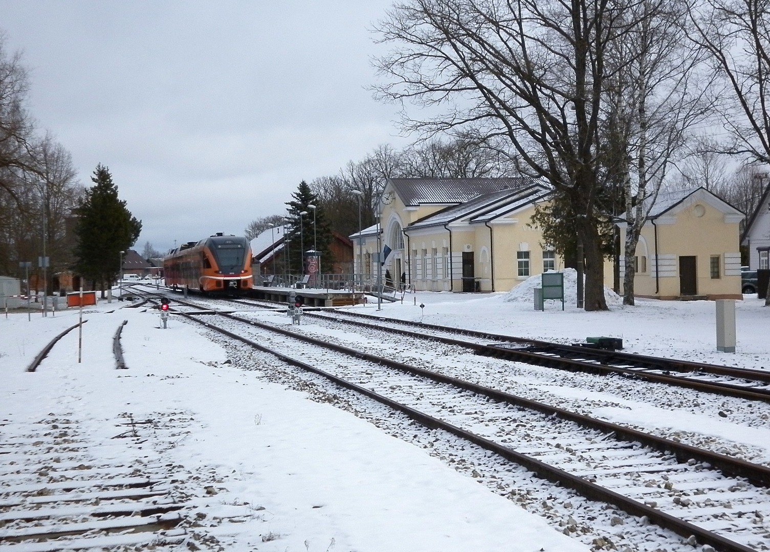 Postcard, New Year Card, Neujahrsgruss aus Fellin, Night Viljandi railway station, translation with nosudega rephoto