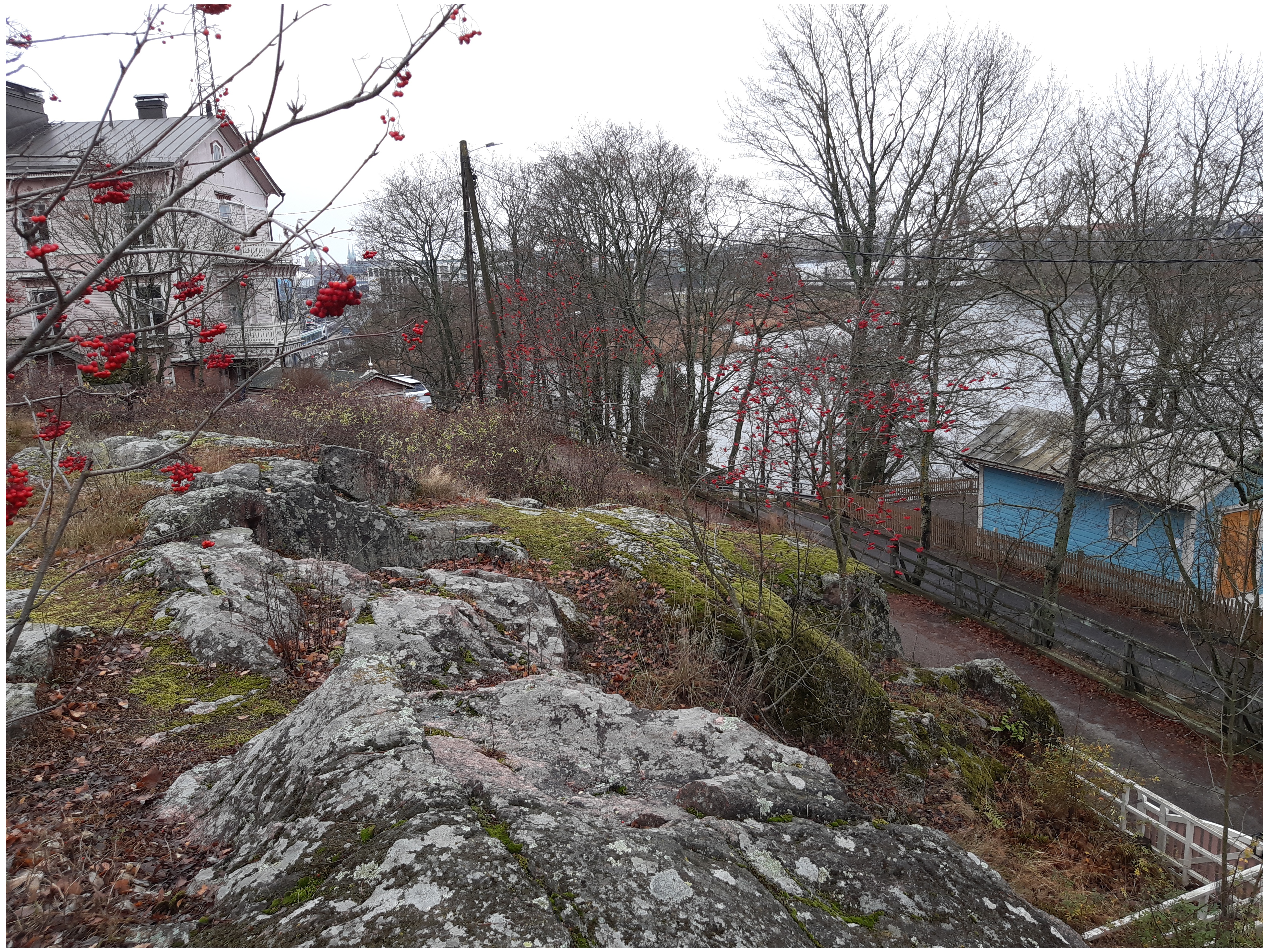 Linnunlauluntie. Näkymä pääradan varresta Linnunlaulun keväisiltä kallioilta etelään Töölönlahden suuntaan. Kaksi poikaa (Tuomas Heikkilä ja Aapo Rista) istumassa kalliolla. Vasemmalla Linnunlauluntie 12:n talo. rephoto