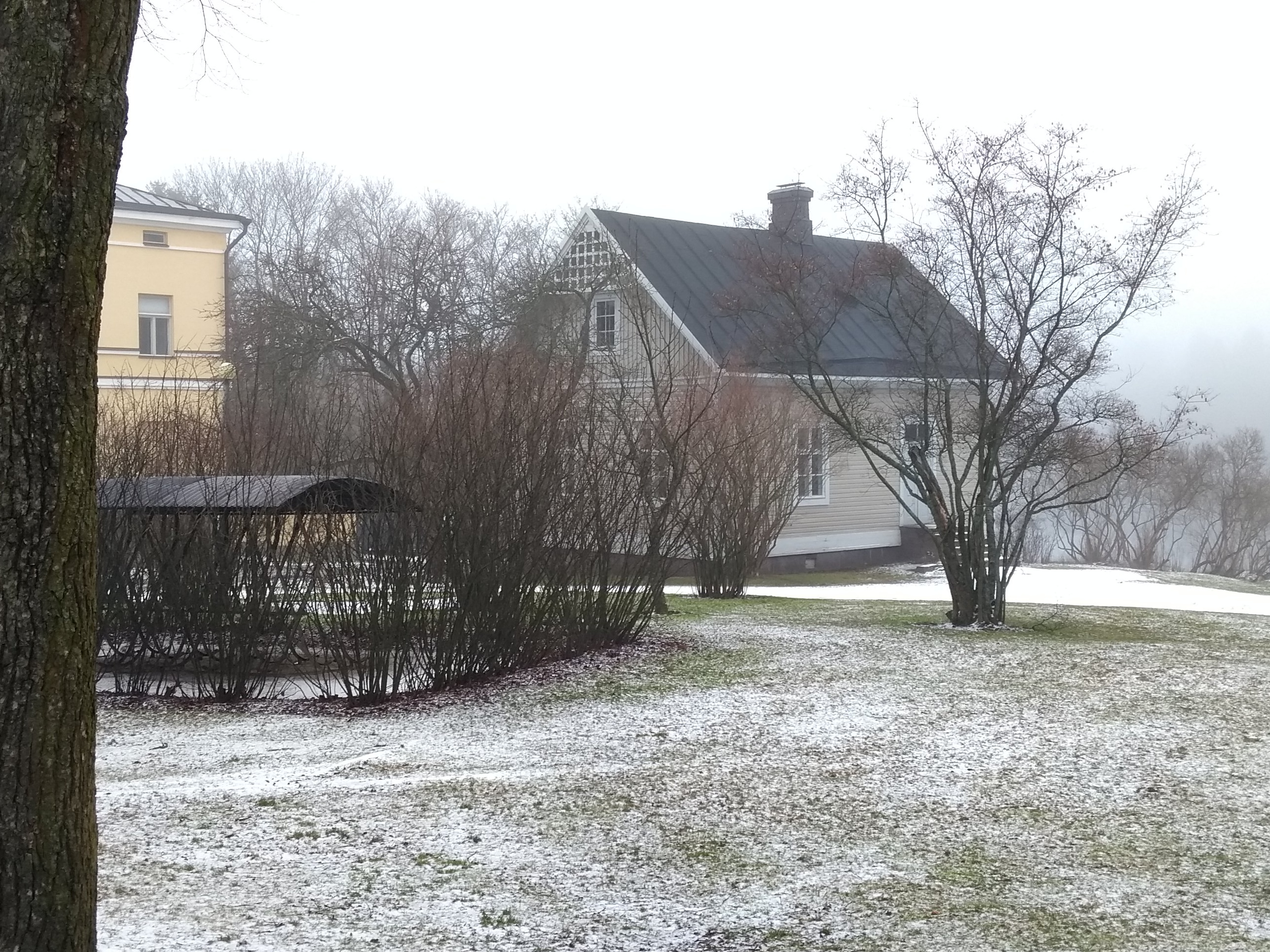 Lapinlahden sairaala-aluetta. Kuvan vasemmassa laidassa näkyy sairaalan päärakennuksen kulmaa. Taaempana rannassa häämöttää Venetsiaksi kutsuttu rakennus, jossa on toiminut mm. sairaalan pesu- ja leivintupa. Kuvan keskivaiheilla on puinen asuinrakennus, ns. Omenapuutalo. 1930-luku. rephoto