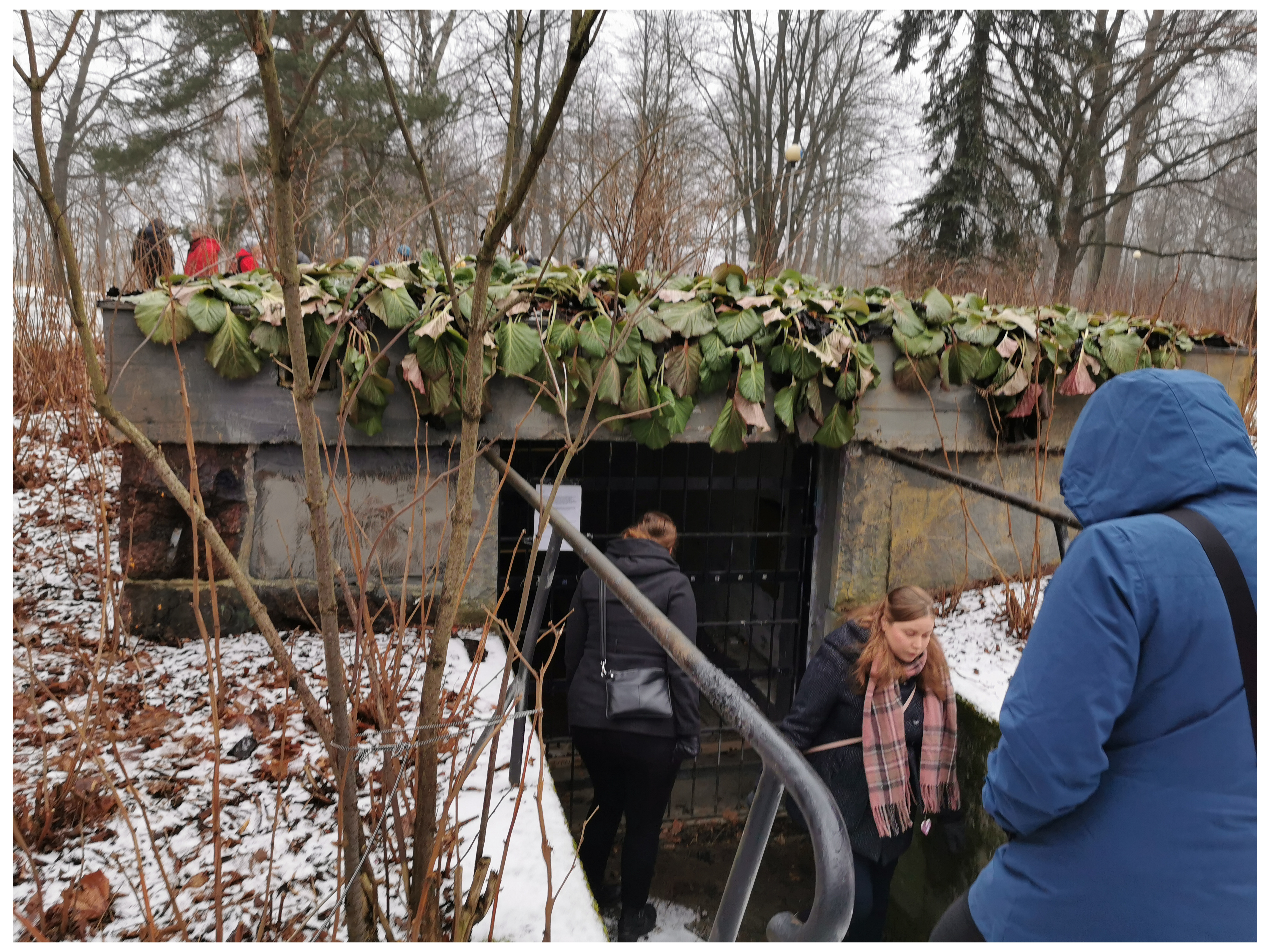 Lapinlahden sairaala. Valkoisella kangaspäällysteellä koristeltu ruumisarkku alttarin äärellä. Alttaritauluna on lasimaalaus ristille naulatusta Jeesuksesta. Alttarin molemmilla puolilla on lattialla seisovat seitsenhaaraiset kynttilänjalat. Kuvan alla on ruotsinkielinen teksti: kanske? 1930-luku. rephoto