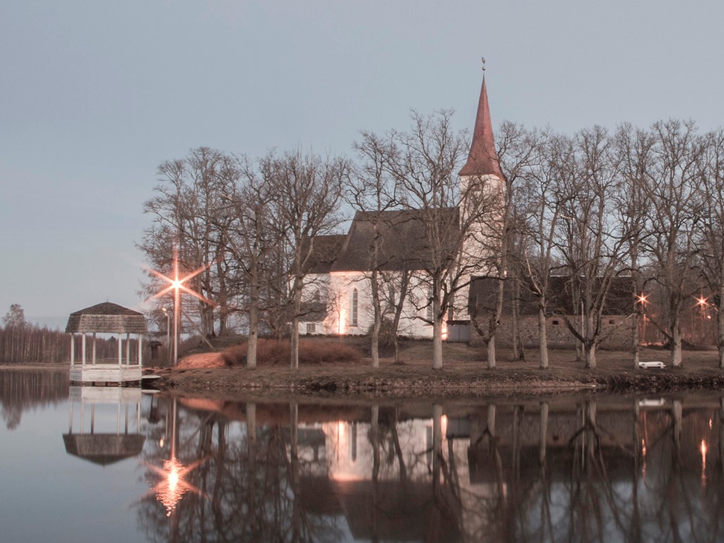 fotopostkaart, Suure-Jaani khk, Suure-Jaani, kirik, ümbrus, järv, u 1939 rephoto