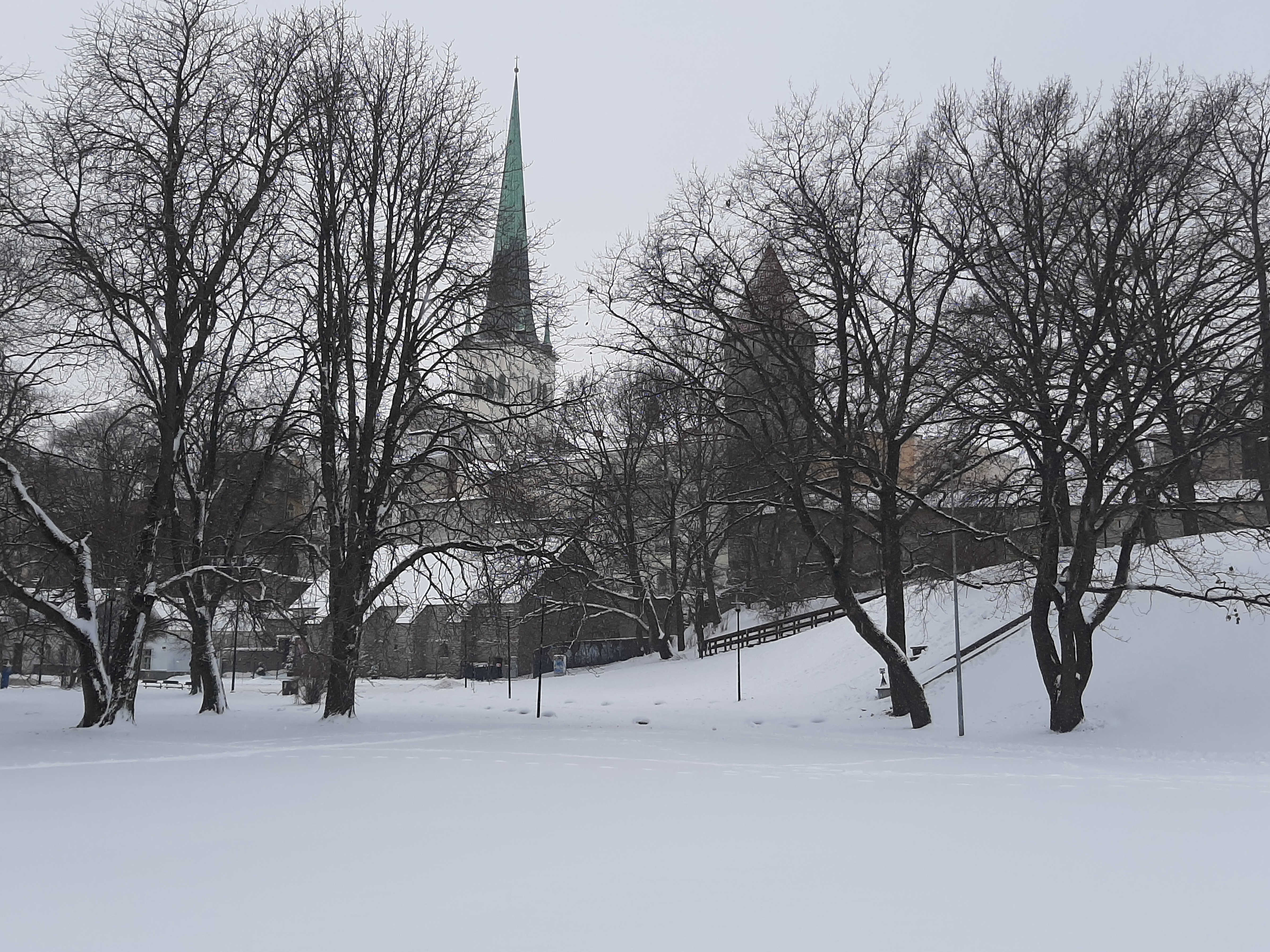 Winter view of the Oleviste Church and Stolting Tower rephoto