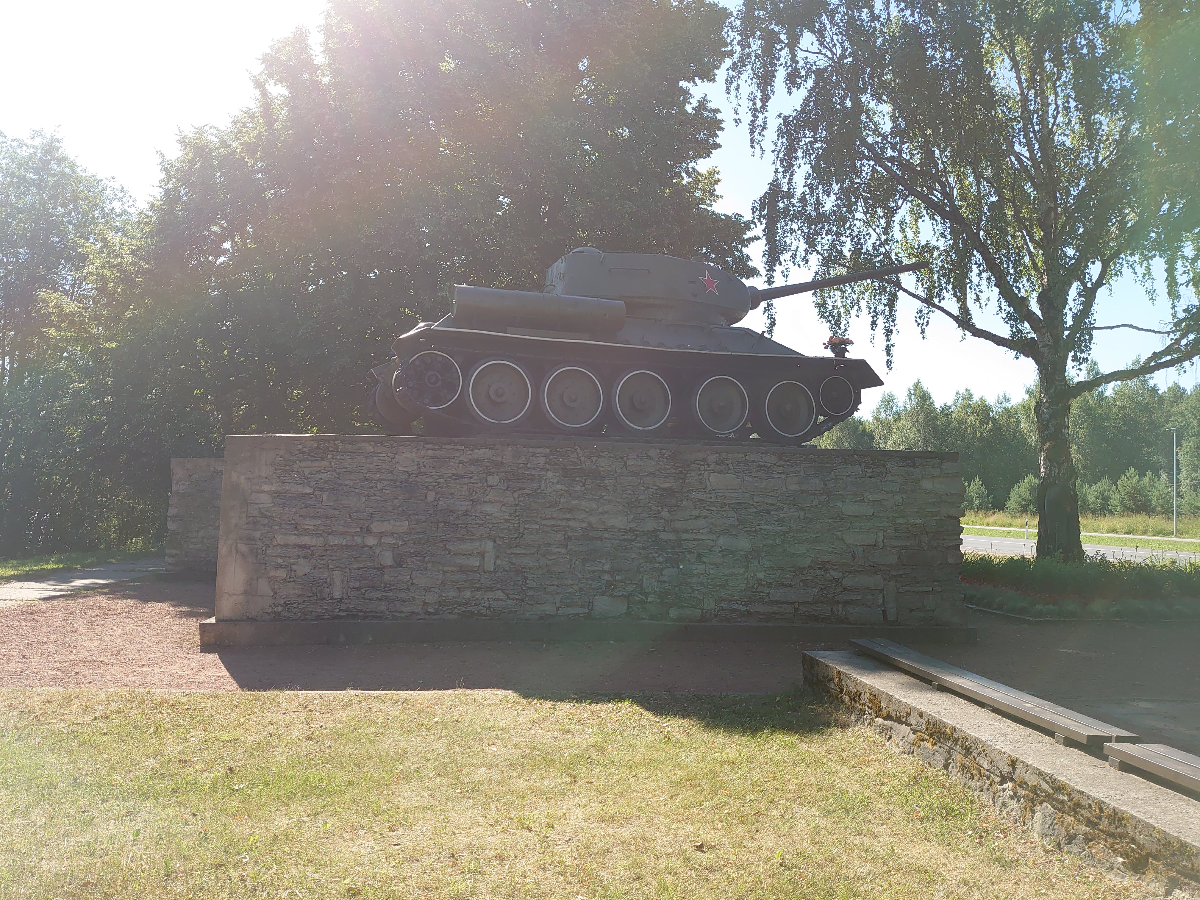 Tank T-34 as a monument mark of the Soviet military's defense of Narva in 1944 on the breakthrough of the Narva River rephoto